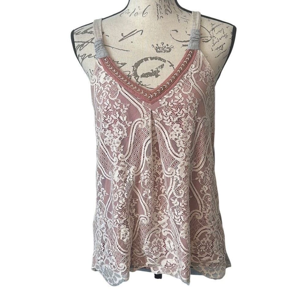 Venus Creme Lace Pink Peak A Boo Boho T-shirt Knit Back Tank Top